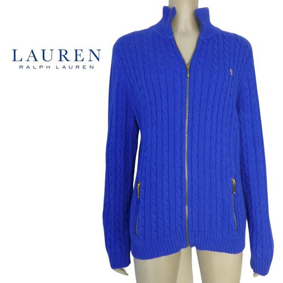 Lauren Ralph Lauren Blue Cable Knit Gold Zipper Zip Up Sweater - Picture 2 of 16